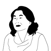 Connie Young Yu Illustration of a smiling older woman with wavy black hair